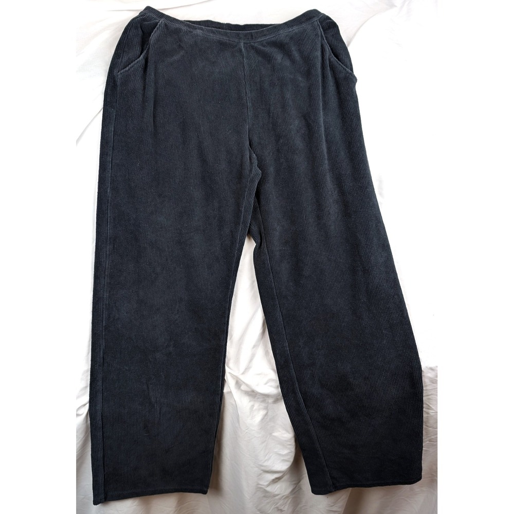 LL Bean Corduroy Knit Pants Charcole Wide Leg Elastic Waist Pockets Medium M